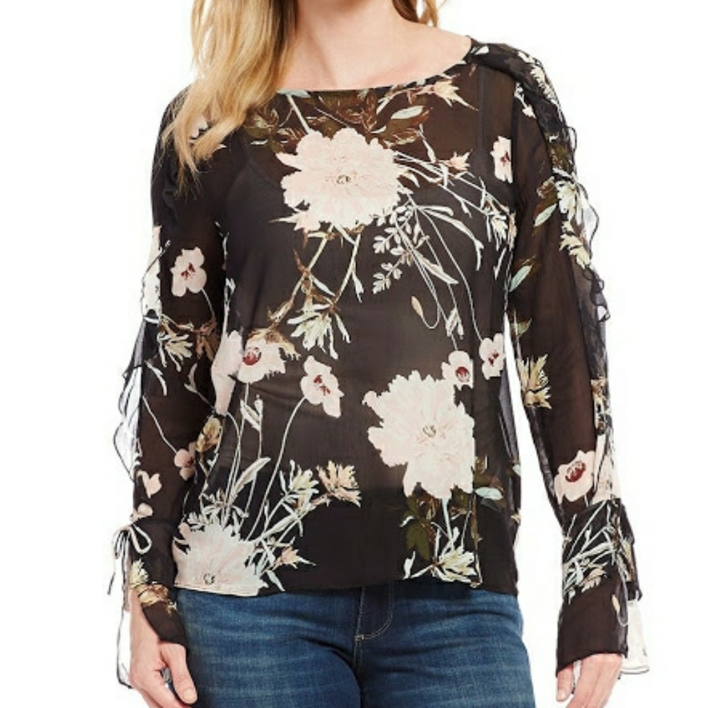 Lucky Brand Sheer Floral Ruffle Top Blouse (Sz Small)